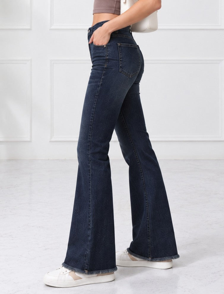 Women’s Blue Textured Fray Hem Bootcut Jeans