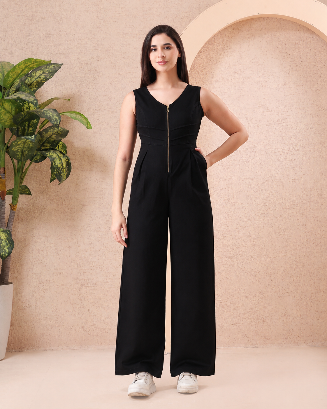 Women’s Black Sleeveless V-Neck Wide Leg Jumpsuit