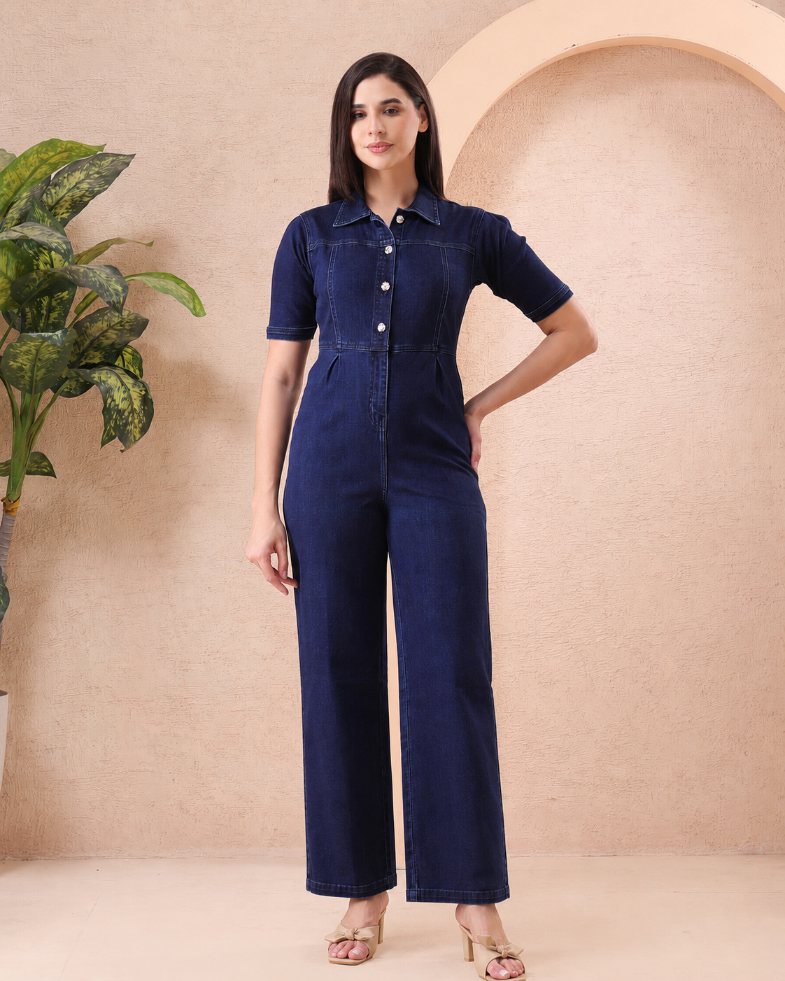 Women’s Blue Denim Collared Wide Leg Jumpsuit