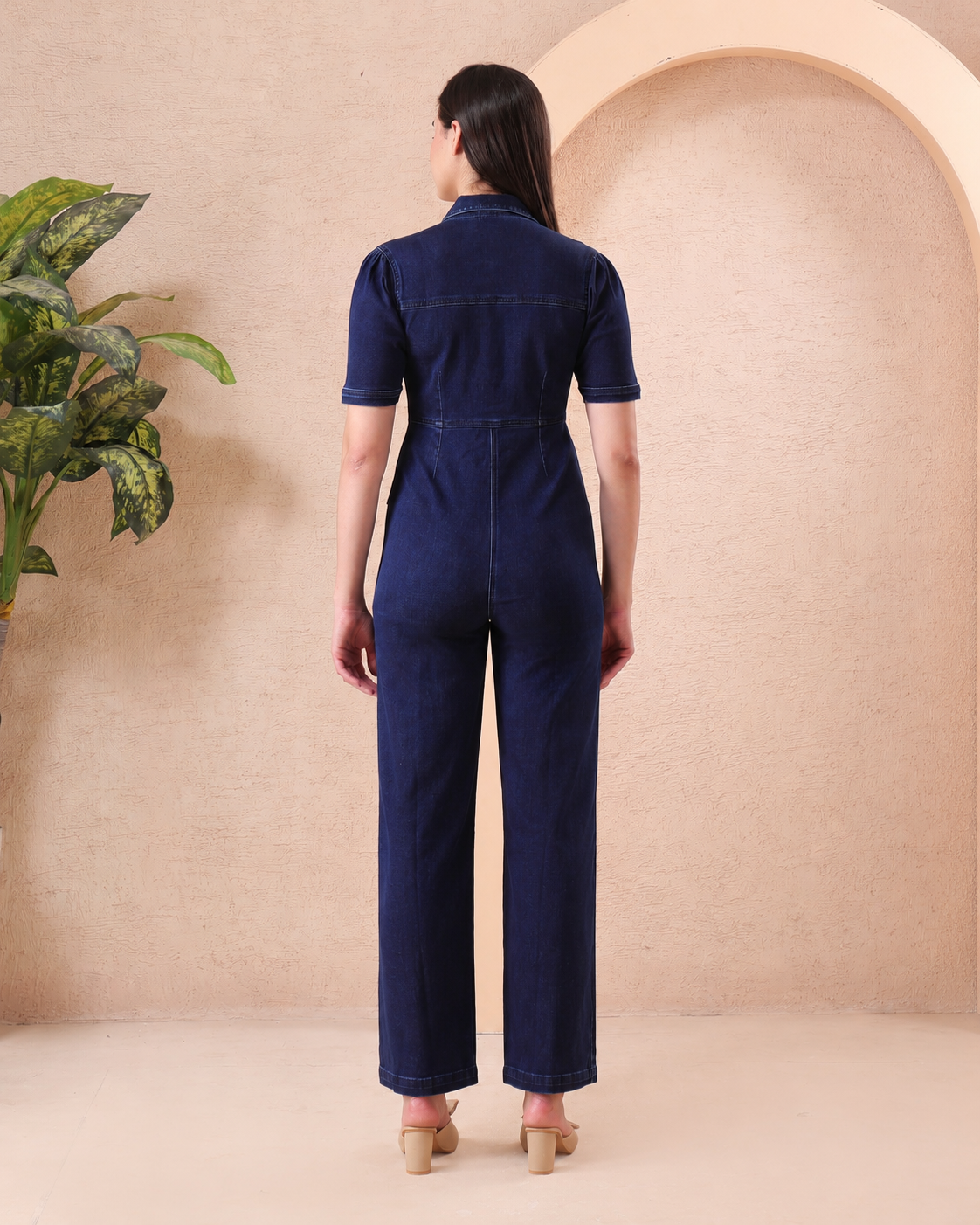 Women’s Blue Denim Collared Wide Leg Jumpsuit
