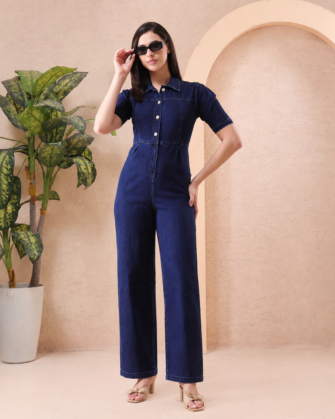 Women’s Blue Denim Collared Wide Leg Jumpsuit