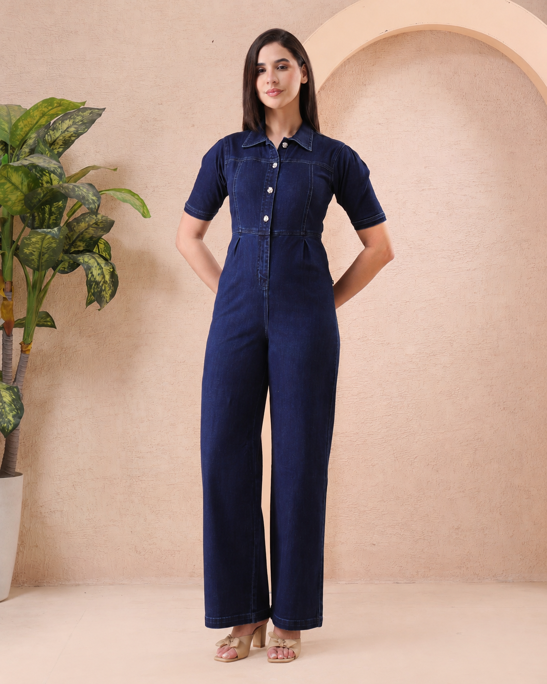 Women’s Blue Denim Collared Wide Leg Jumpsuit