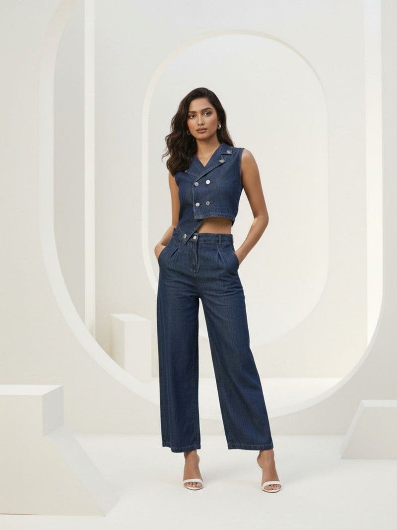 Blue Cotton Denim Co-Ord Set – Sleeveless Party Wear