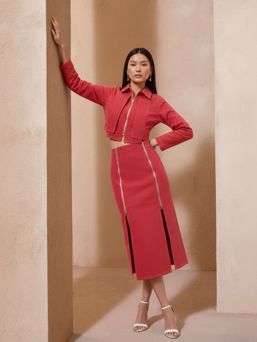 Red Denim Co-Ord Set for Women | Party Wear Two-Piece Outfit