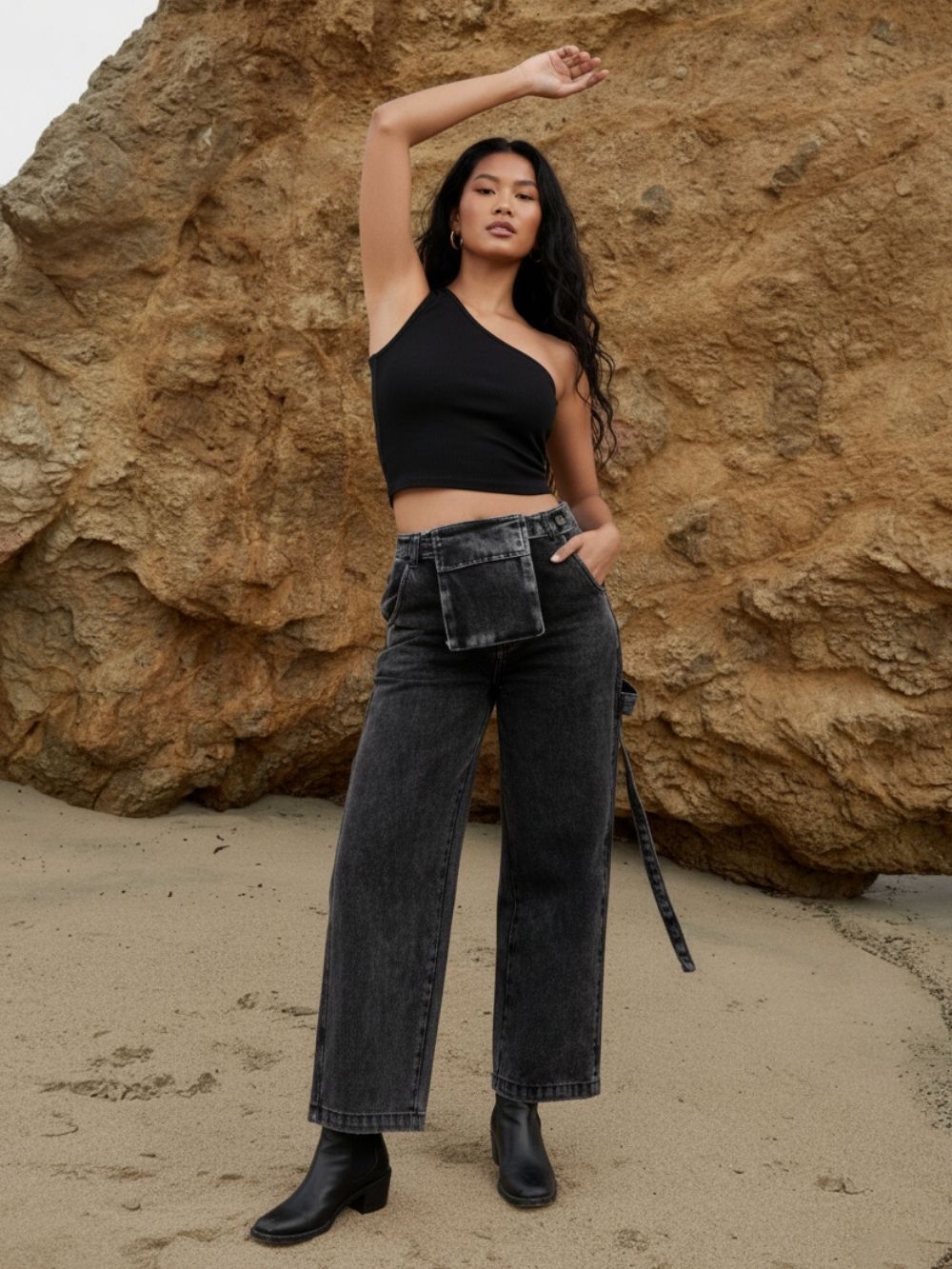 Black Denim Wide-Leg Cargo Pant