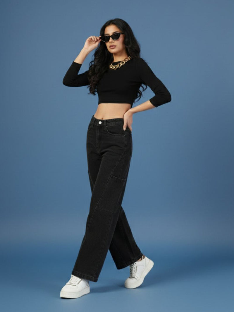 Black Denim Cargo Jeans for Women – Straight Fit Smart Casual Wear