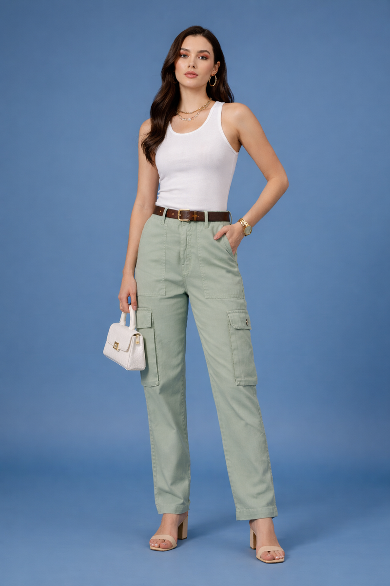 Light Green Cotton Regular Fit Cargo Denim Jeans Women