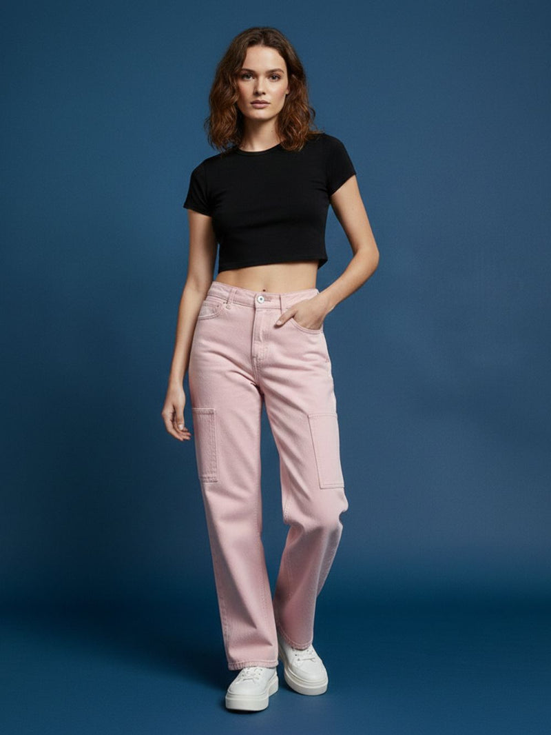 Pink Cotton Cargo Pants for Women – Casual Loose Fit