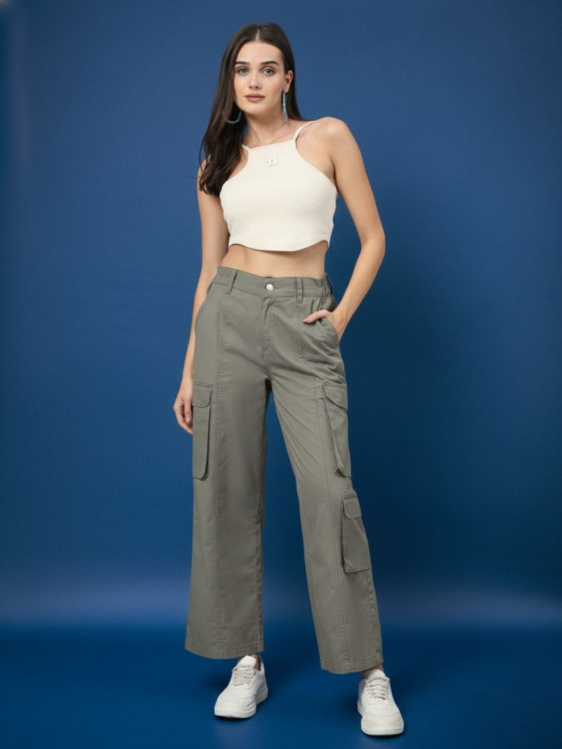 Green Cotton Regular Fit Cargo Denim Jeans Women