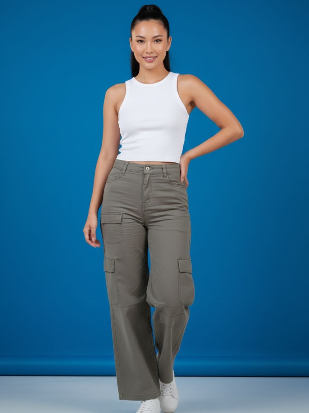 Olive Cotton Loose Fit Cargo Jeans – 8 Pocket Party Style