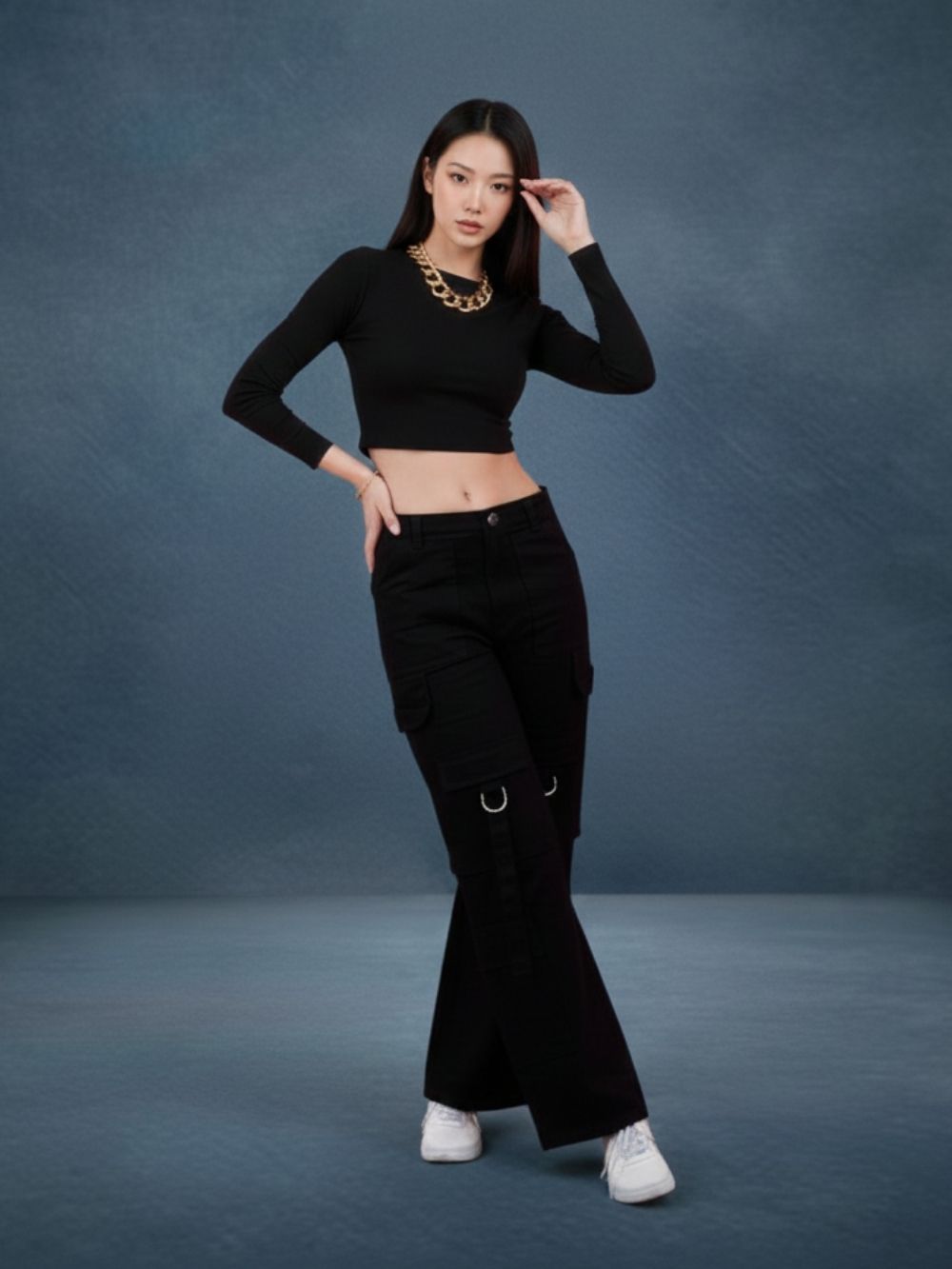 Black Cotton Cargo Jeans for Women – Loose Fit Party Wear