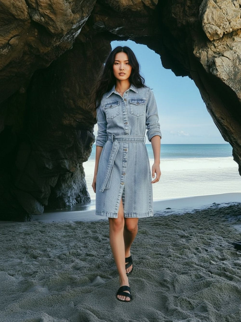 Light Blue Denim Shirt Dress for Women – Smart Casual Wear