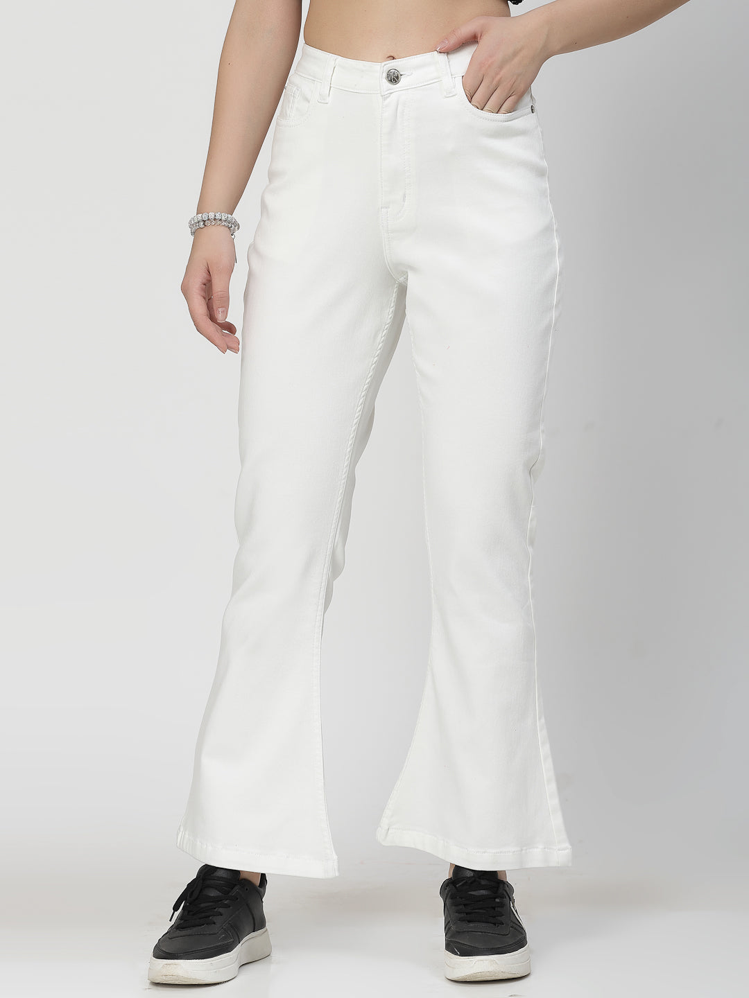 Bootcut White Cotton Blend Denim Plain Jeans For Women - Cosmic Trio