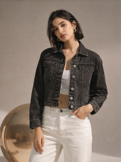 Women’s Black Washed Cropped Embellishment Denim Jacket