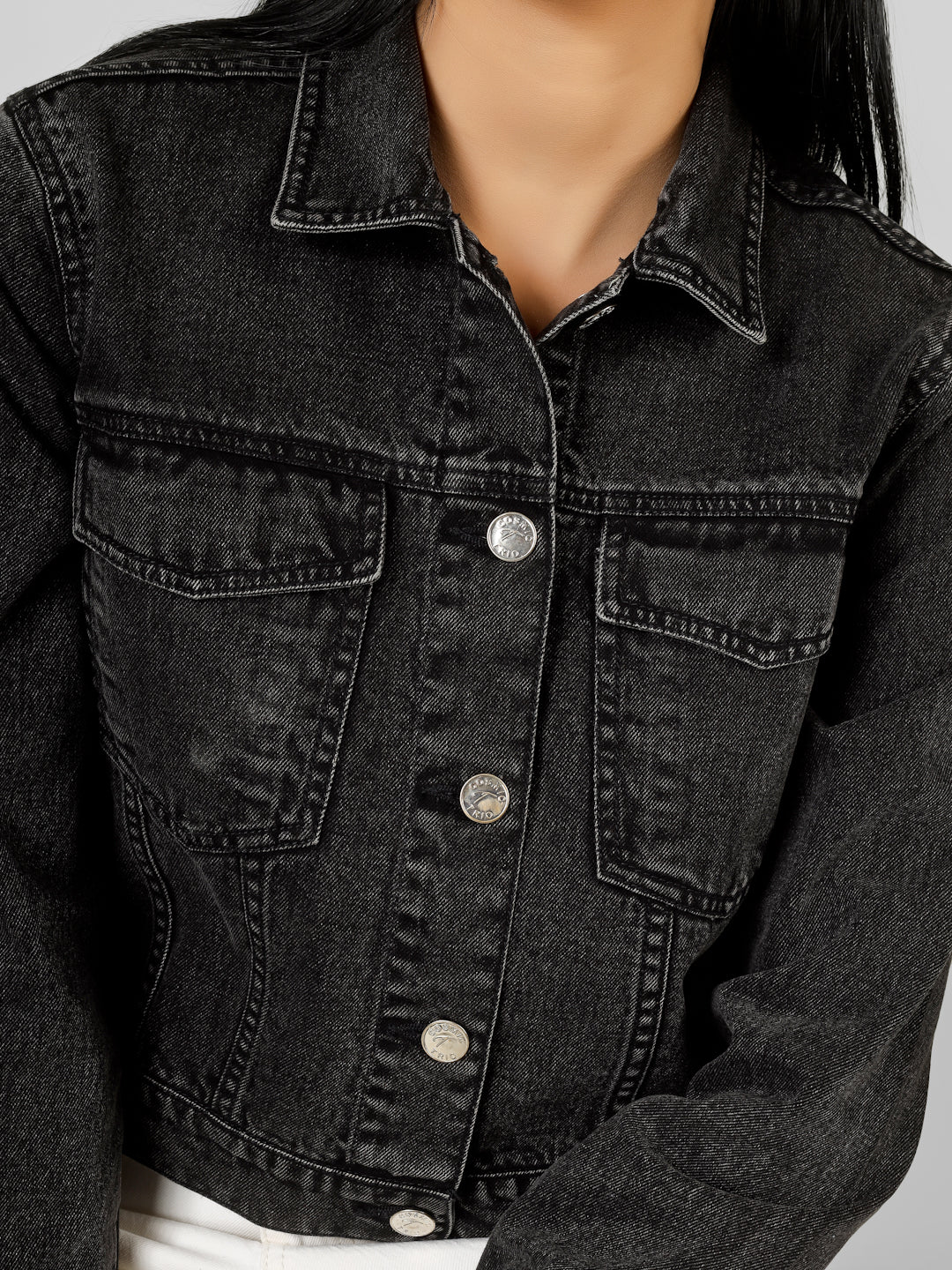 Women’s Black Washed Cropped Embellishment Denim Jacket