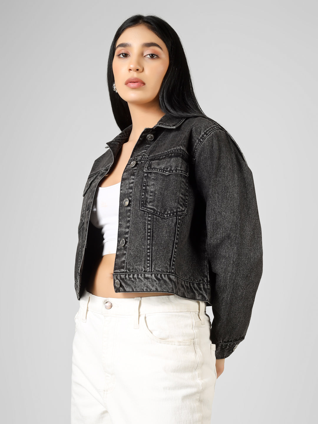 Women’s Black Washed Cropped Embellishment Denim Jacket