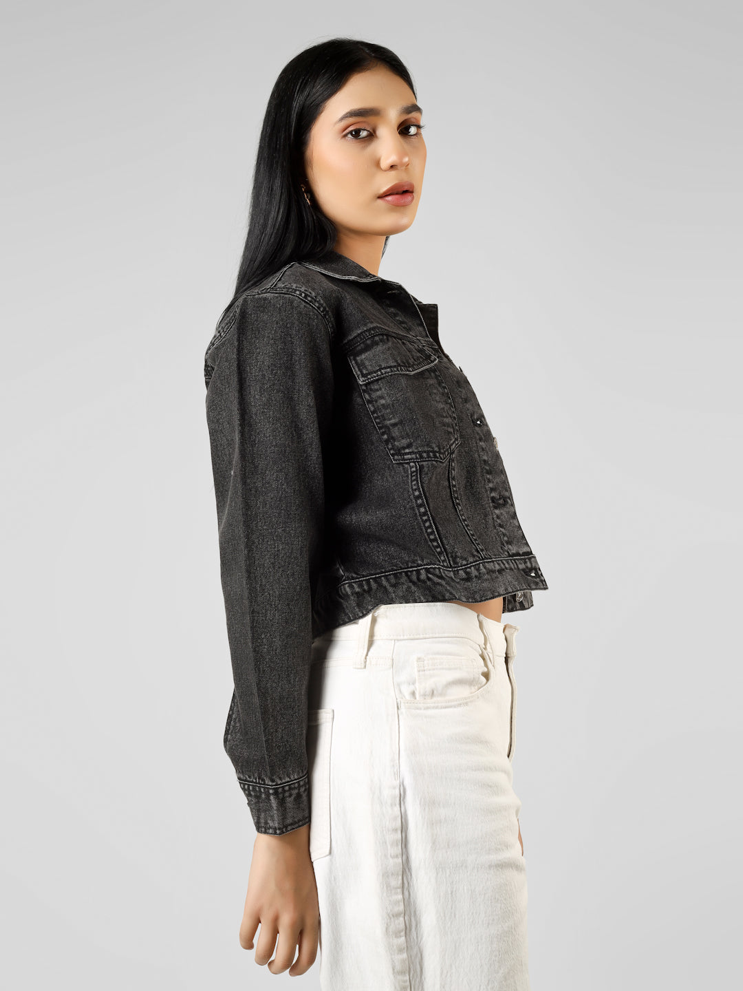 Women’s Black Washed Cropped Embellishment Denim Jacket
