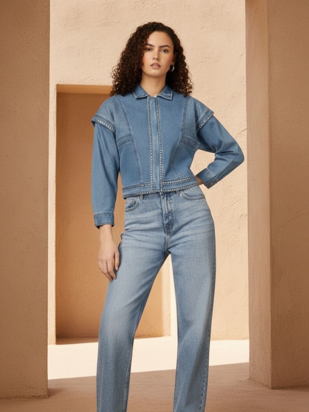 Blue Embellished Denim Jacket for Women