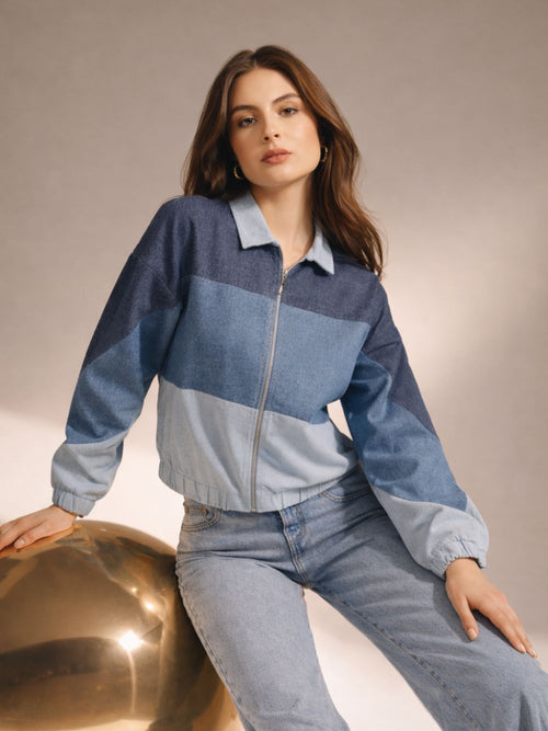 Women Colorblock Casual Oversized Blue Denim Jacket