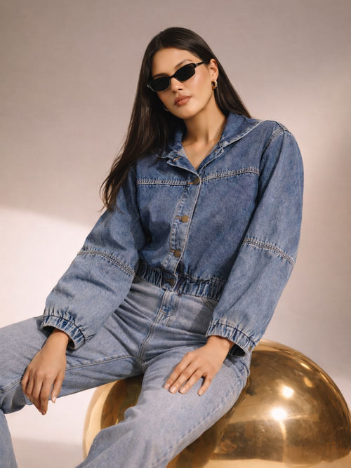 Blue Cotton Lycra Relaxed Loose Fit Hoodie Jacket Women