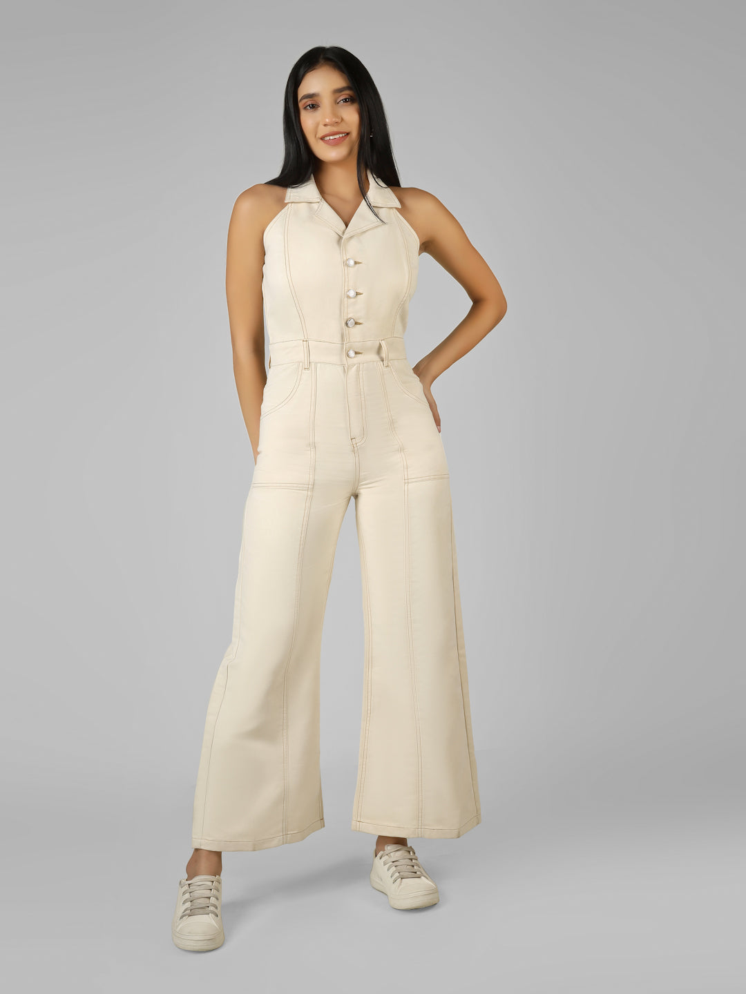 Women’s Beige Button Down Sleeveless Wide Leg Fit Denim Jumpsuit