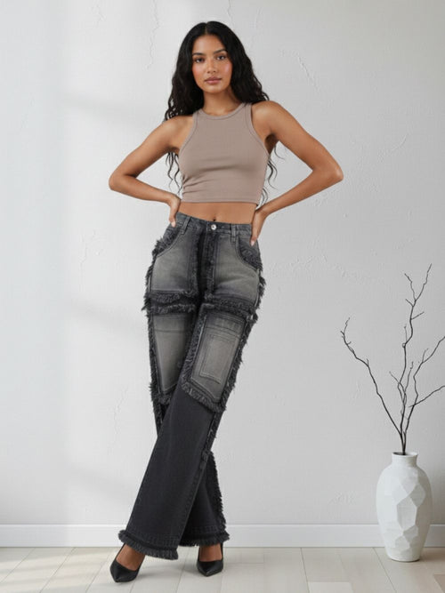Grey Wide Leg Cargo Jeans for Women – Denim Party Wear