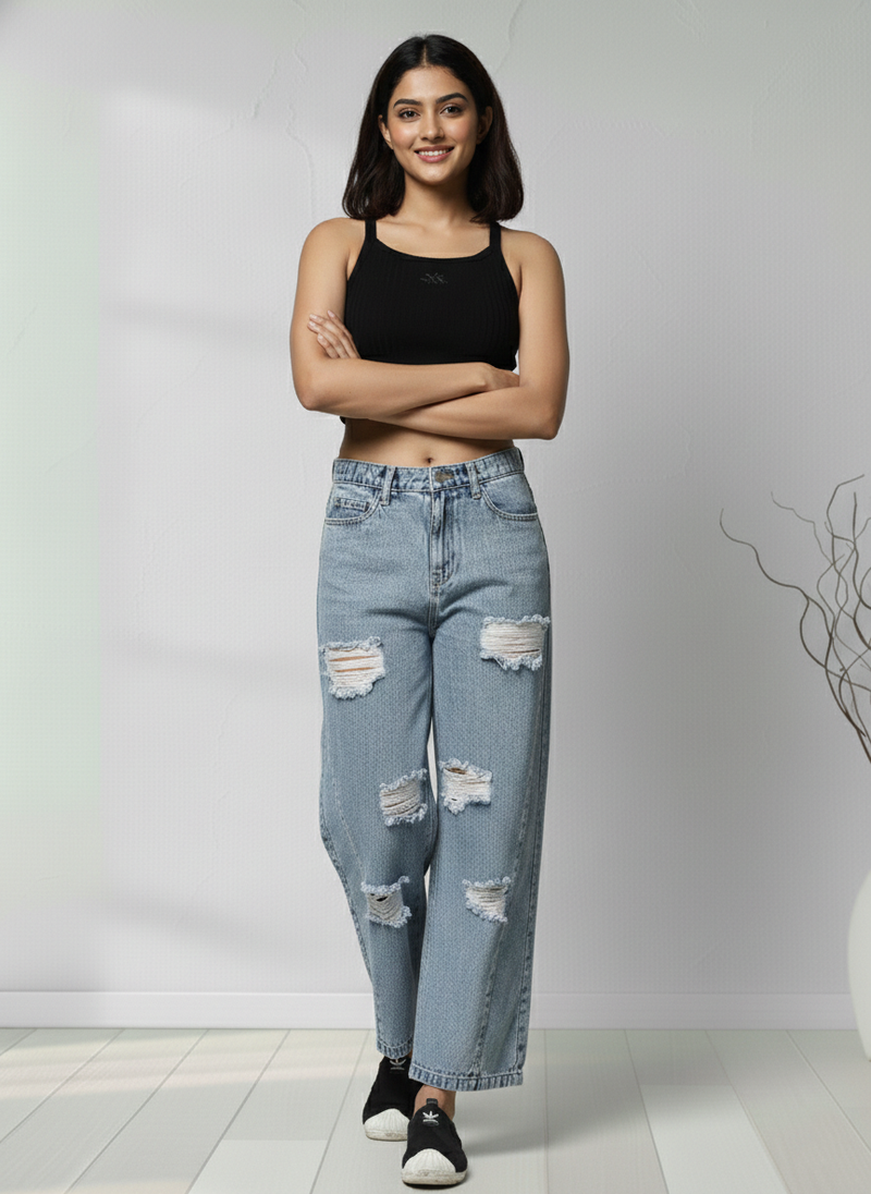 Light Wash Distressed Wide Leg Denim Jeans Women