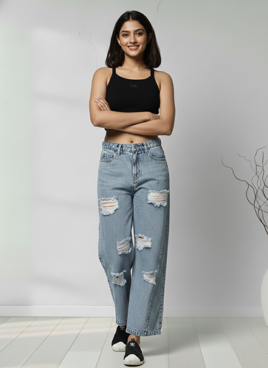 Light Wash Distressed Wide Leg Denim Jeans Women