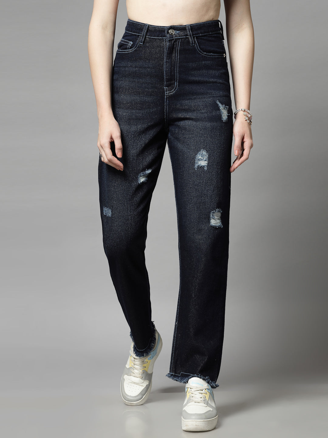 Straight Fit Dark Indigo Cotton Denim Distressed Jeans For Women