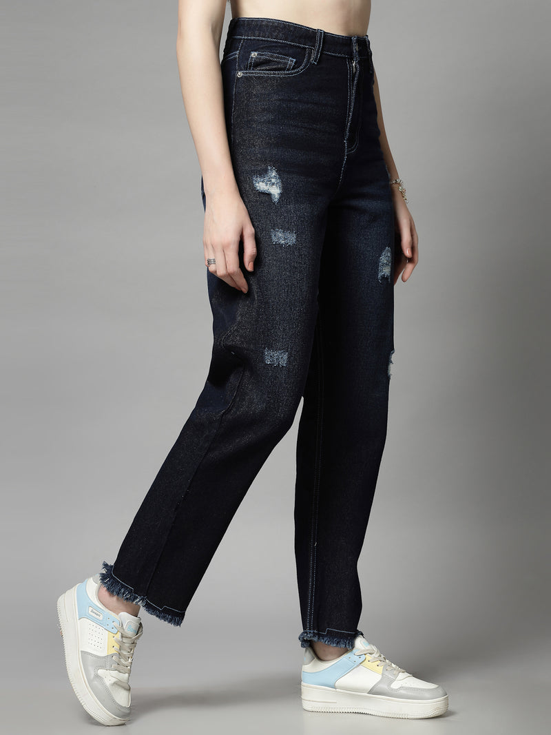 Straight Fit Dark Indigo Cotton Denim Distressed Jeans For Women - Cosmic Trio