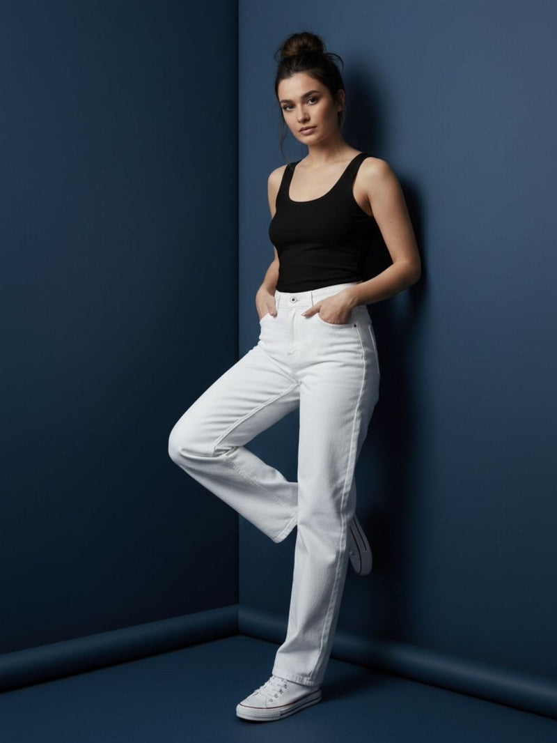 White Wide Leg Denim Jeans for Women – Regular Fit, Mid-Rise