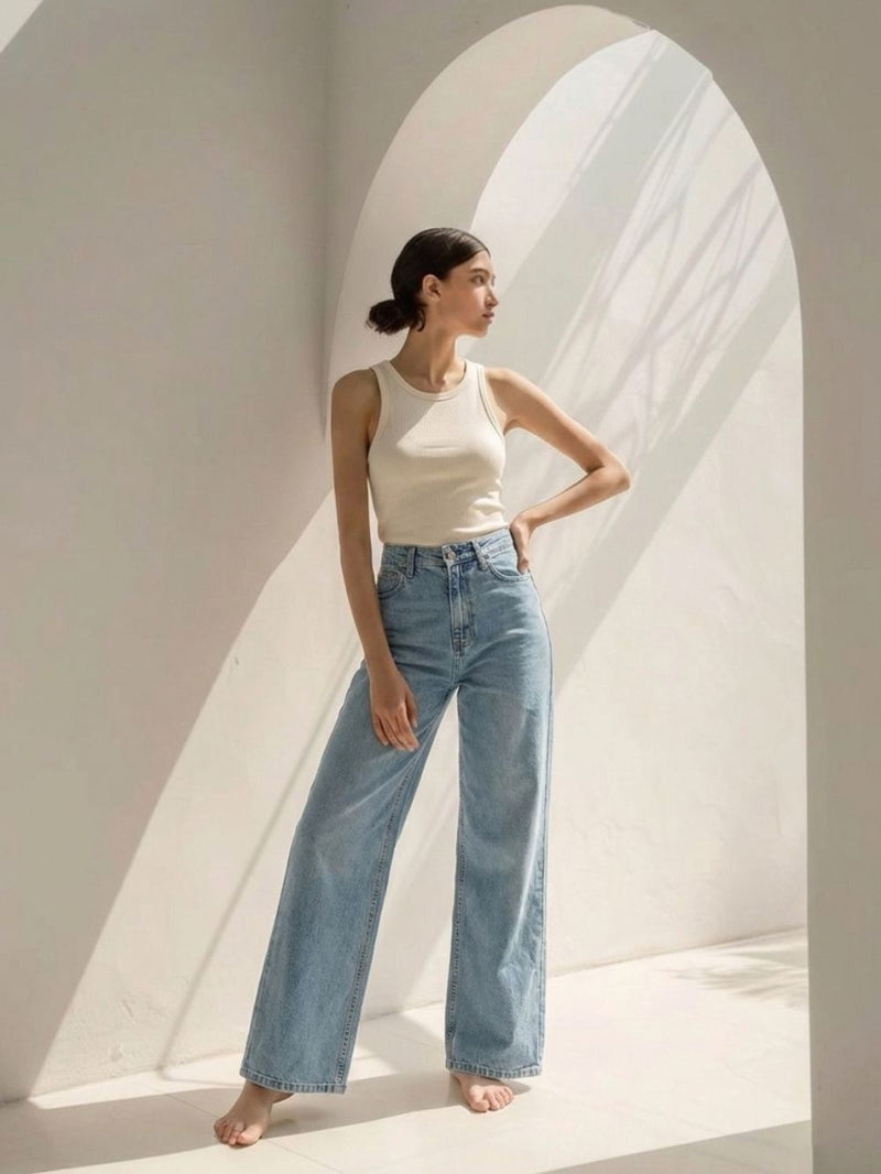 Light Indigo Straight Loose Fit Stretch Denim Jeans for Women
