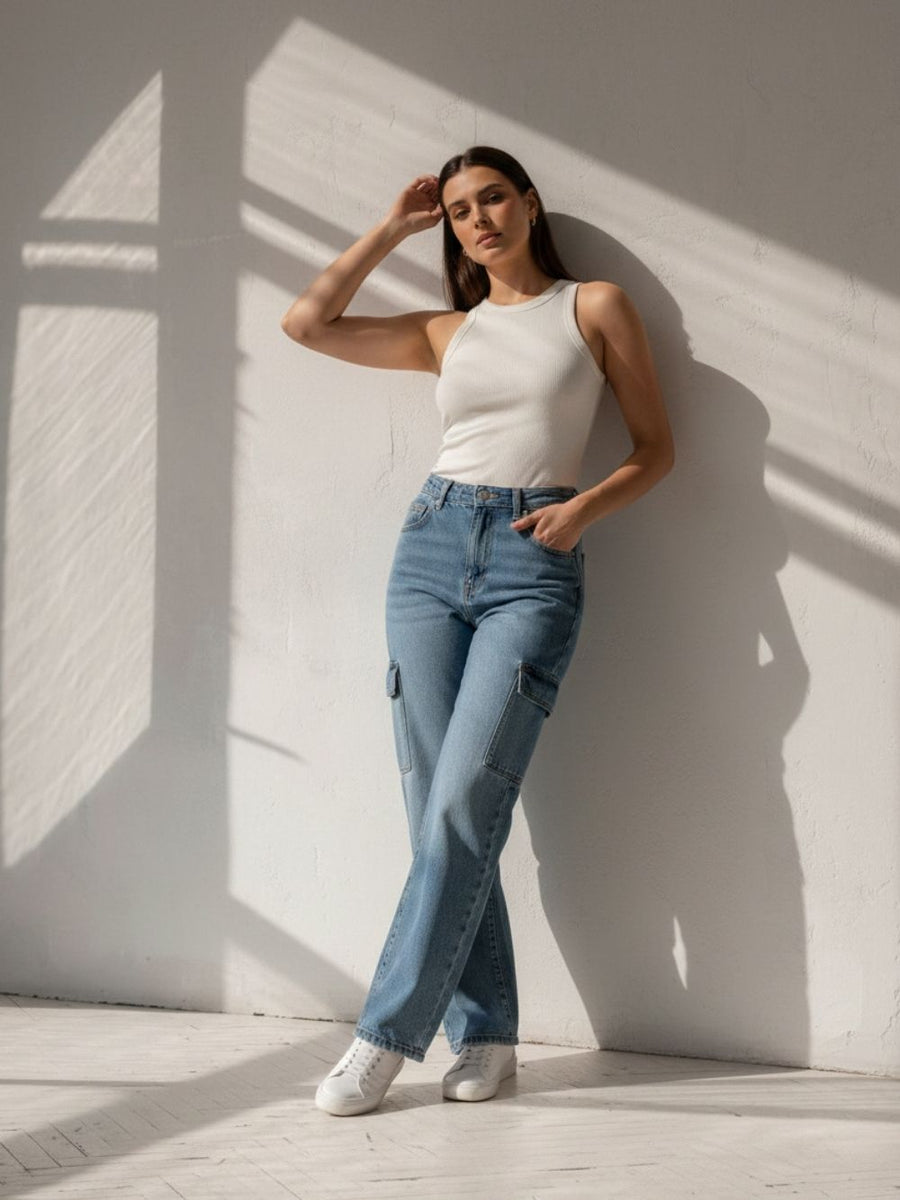 Mid Indigo High-Rise Cargo Pocket Jeans for Women