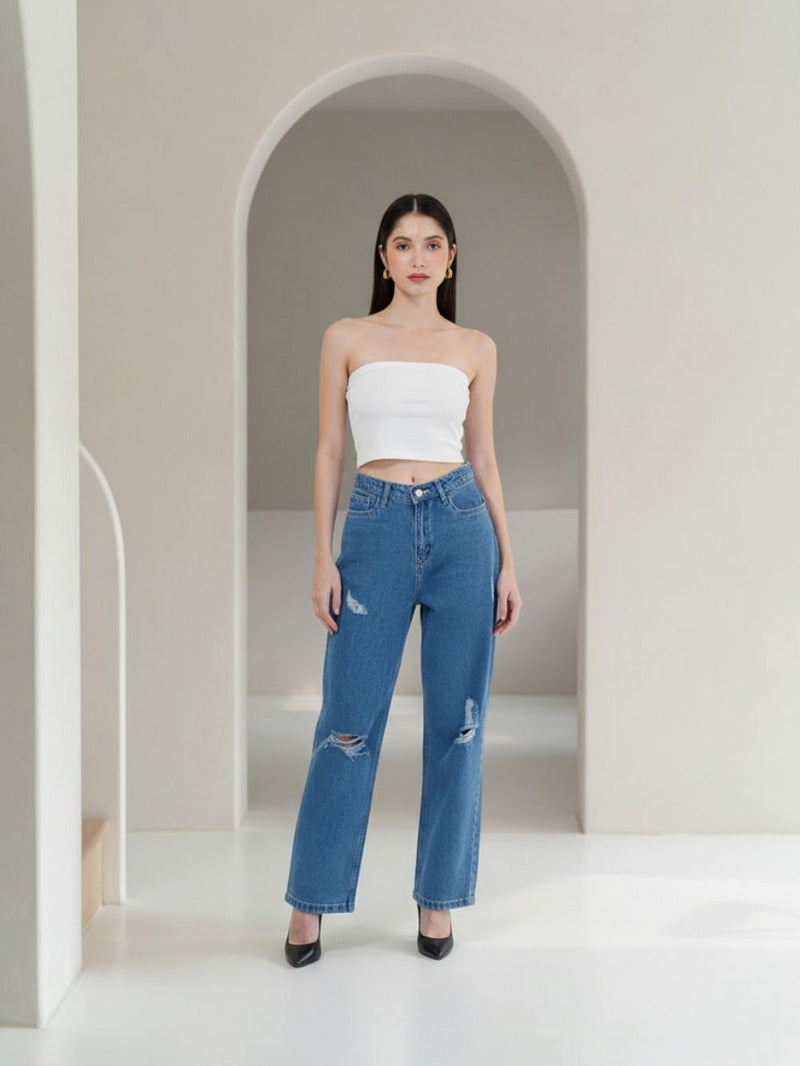 Blue Wide Distressed High-Rise Denim Jeans for Women