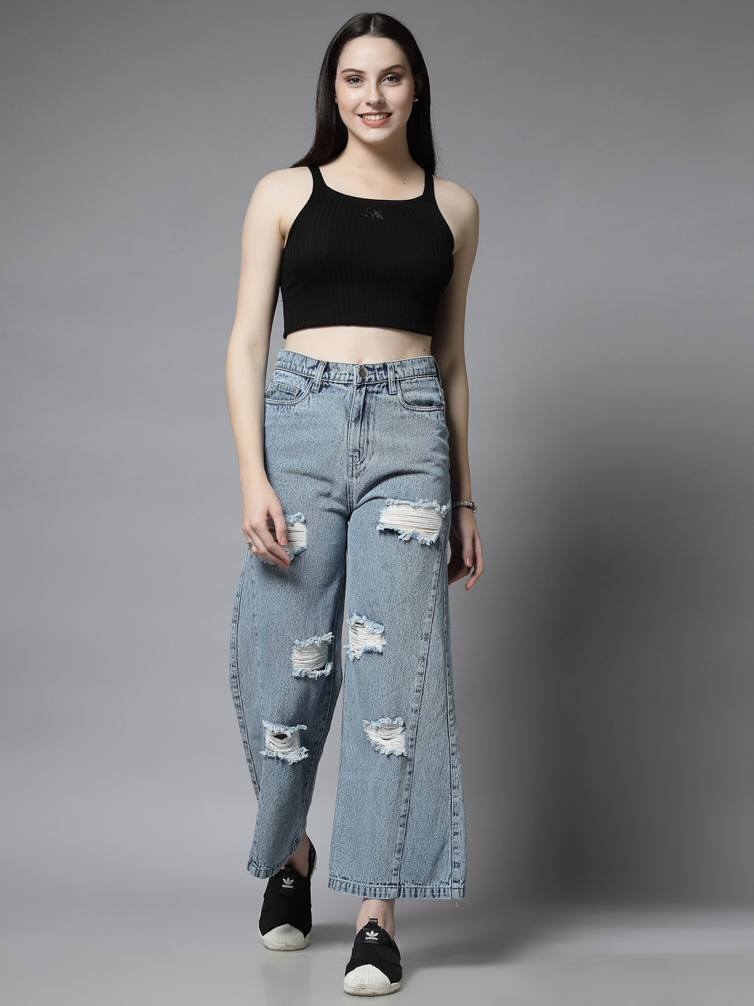 Women’s Distressed Denim Wide Leg Jeans - Main Image