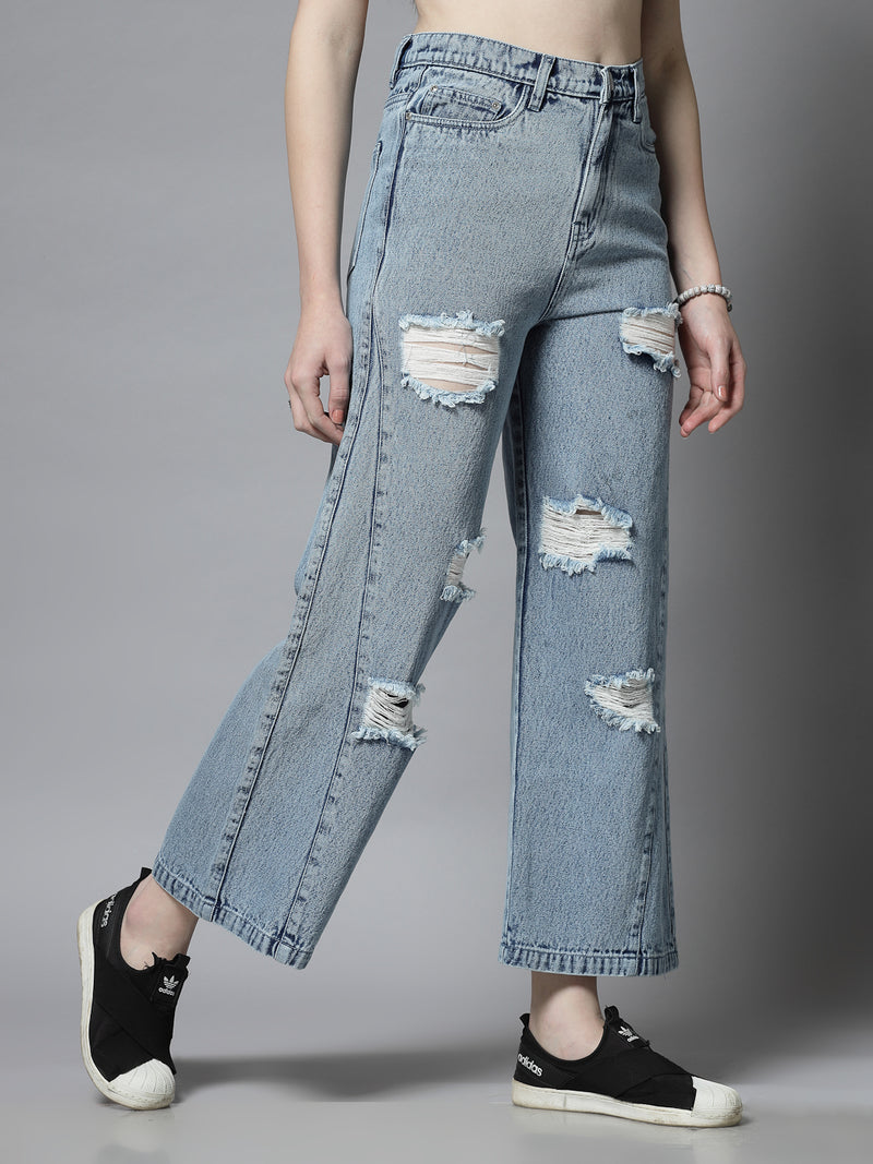 Light Wash Distressed Wide Leg Denim Jeans Women
