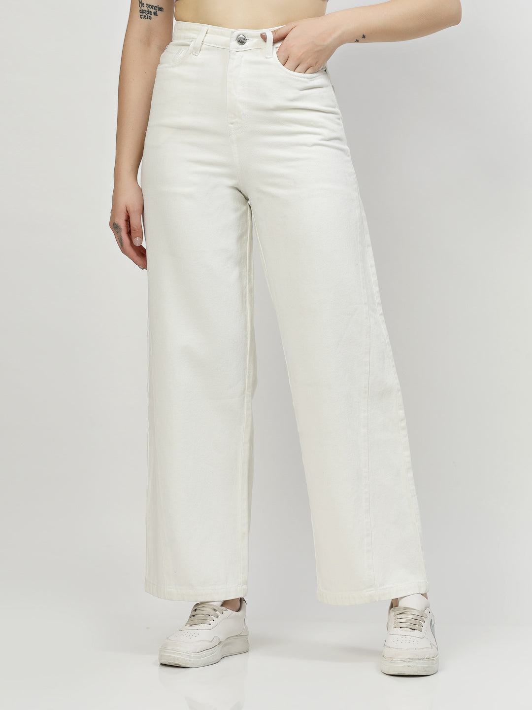 Wide Leg White Cotton Denim Jeans