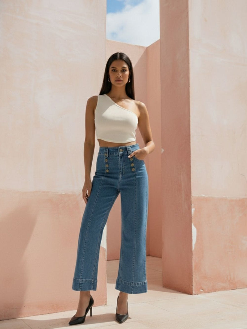 Dark Blue Wide Leg Denim Pants for Women