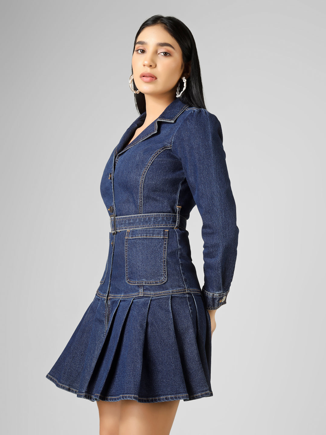 Blue Solid Denim Fit & Flare Long Sleeve Button Down Dress Women