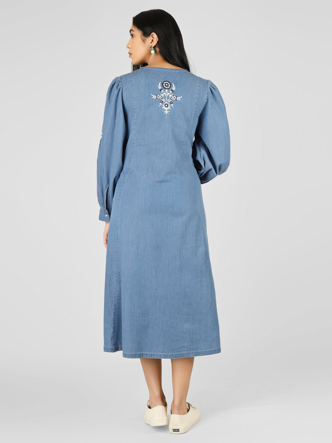 Women’s Blue Floral Embroidered A-Line Denim Midi Dress