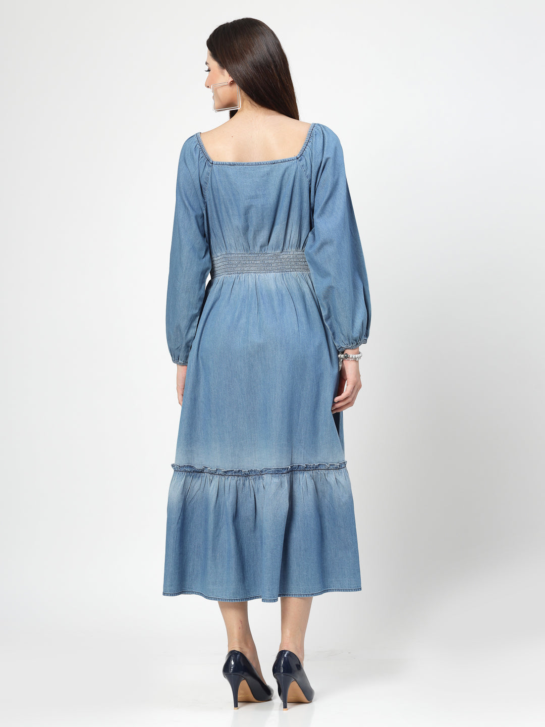 Flounce Sleeve Ruffle Hem Shirred Bodice Denim Long Dress