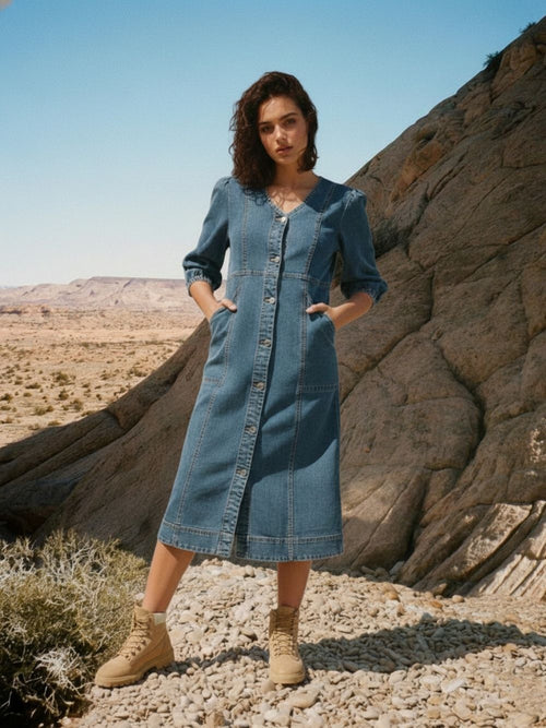 Blue Denim Shirt Style A Line Pocket Dress Women