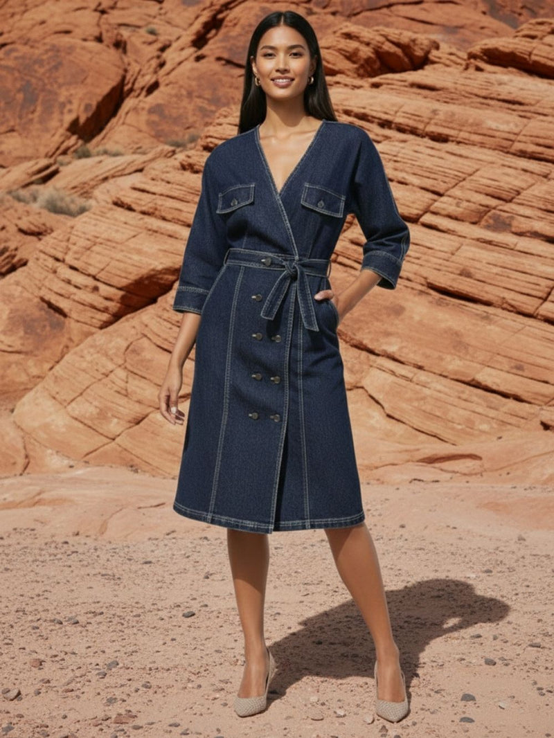 Navy Blue Denim Straight Fit Dress for Women