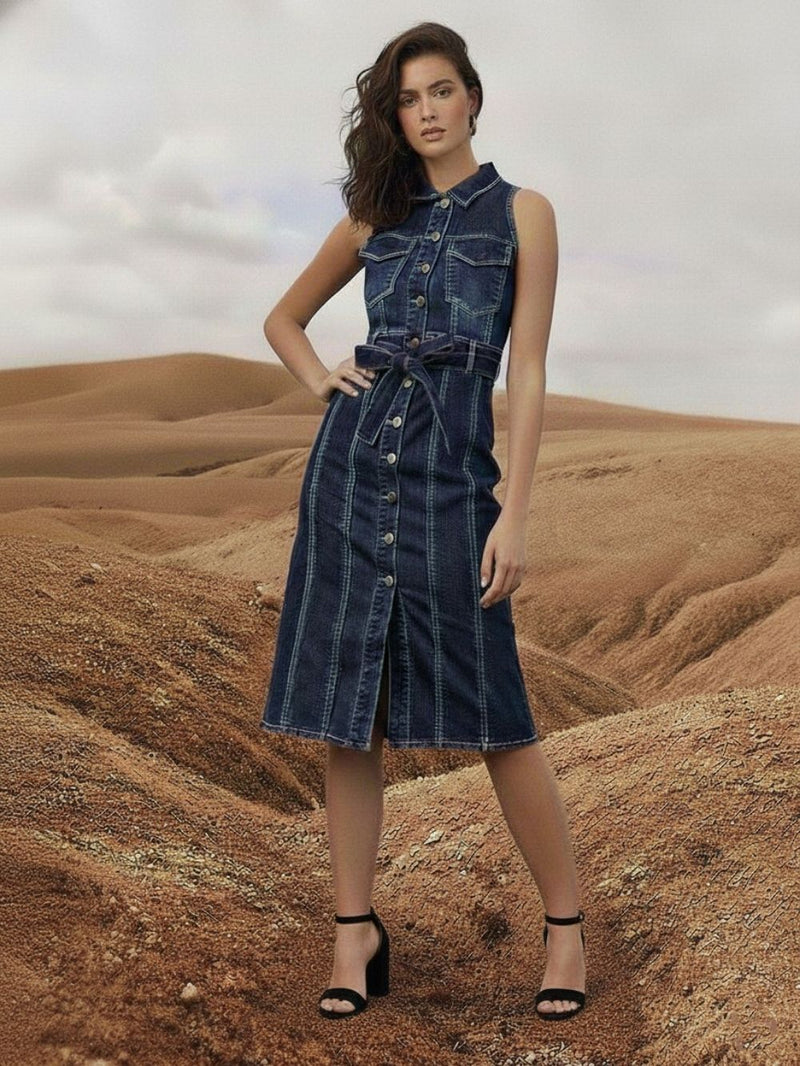 Dark Blue Denim Sleeveless Shirt Dress for Women