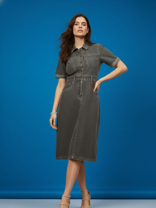 Grey Shaded Denim Shirt Dress for Women with Utility Pockets