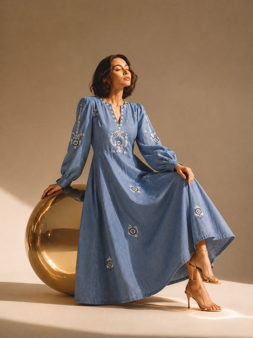 Women’s Blue Floral Embroidered A-Line Denim Midi Dress