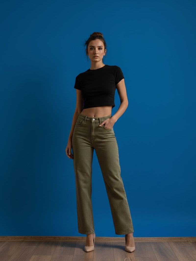 Sage Green Straight Fit Cotton Denim Jeans for Women
