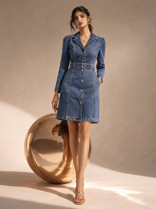 Women Blue Solid Denim Bodycon Belted Button-Down Shirt Dress
