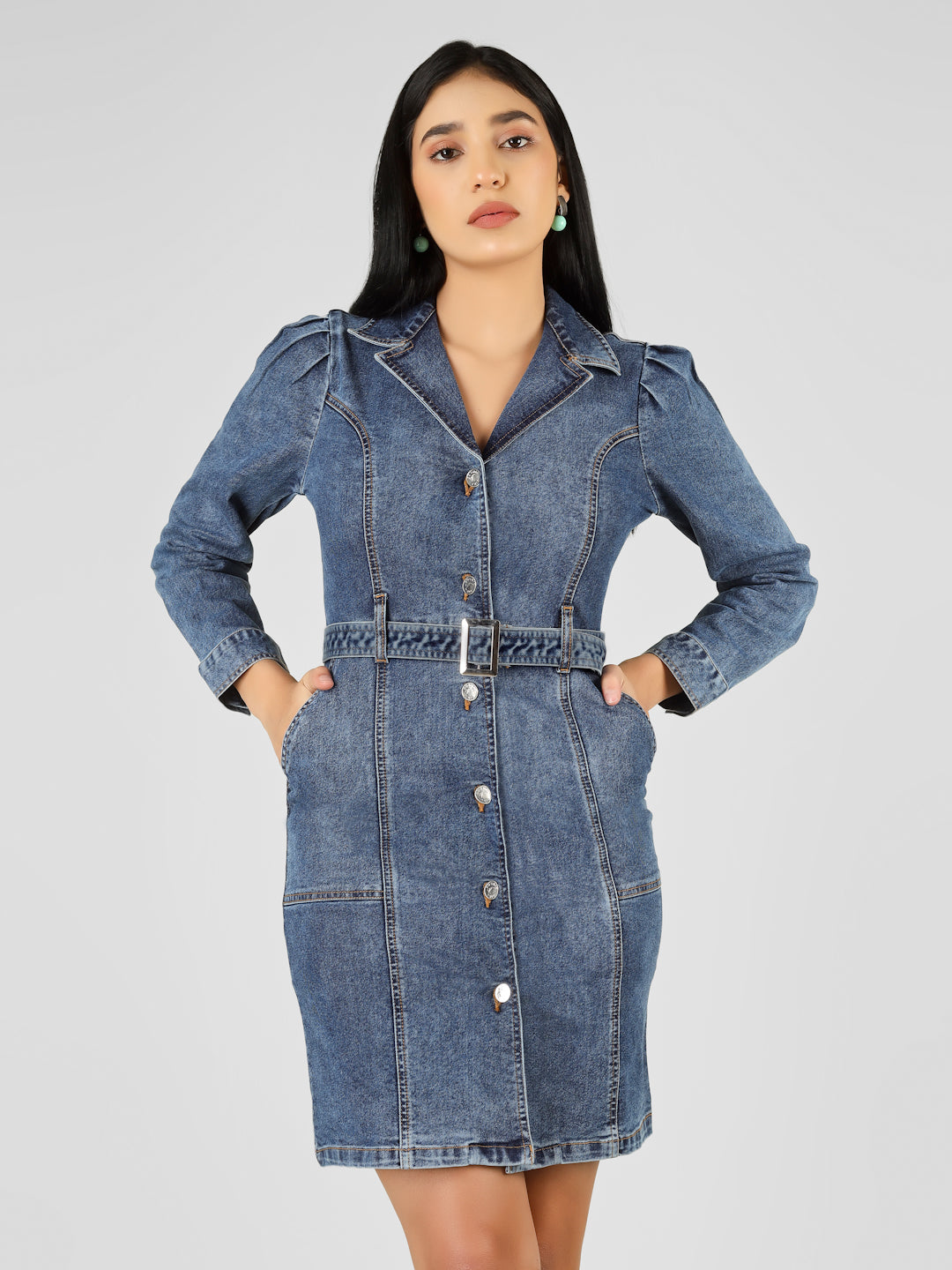 Women Blue Solid Denim Bodycon Belted Button-Down Shirt Dress