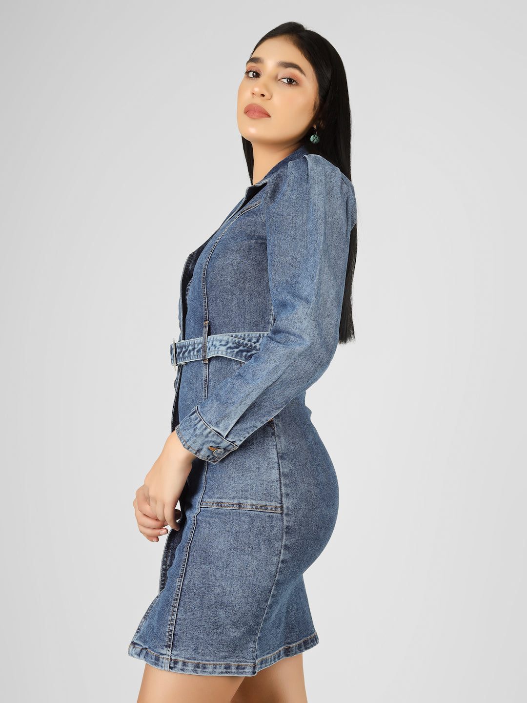 Women Blue Solid Denim Bodycon Belted Button-Down Shirt Dress